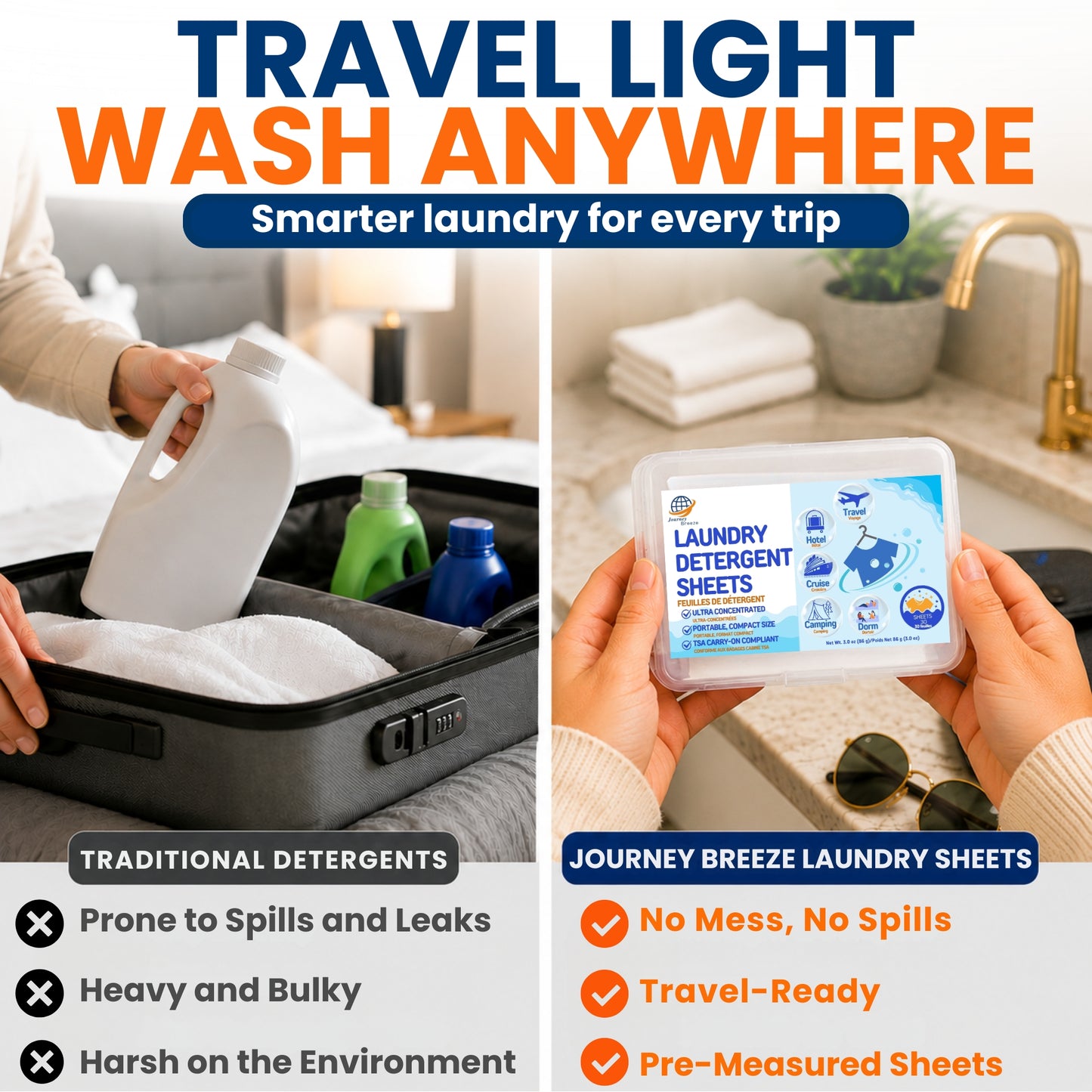 Travel Laundry Detergent Sheets – Hand & Machine Wash, TSA-Friendly | Journey Breeze