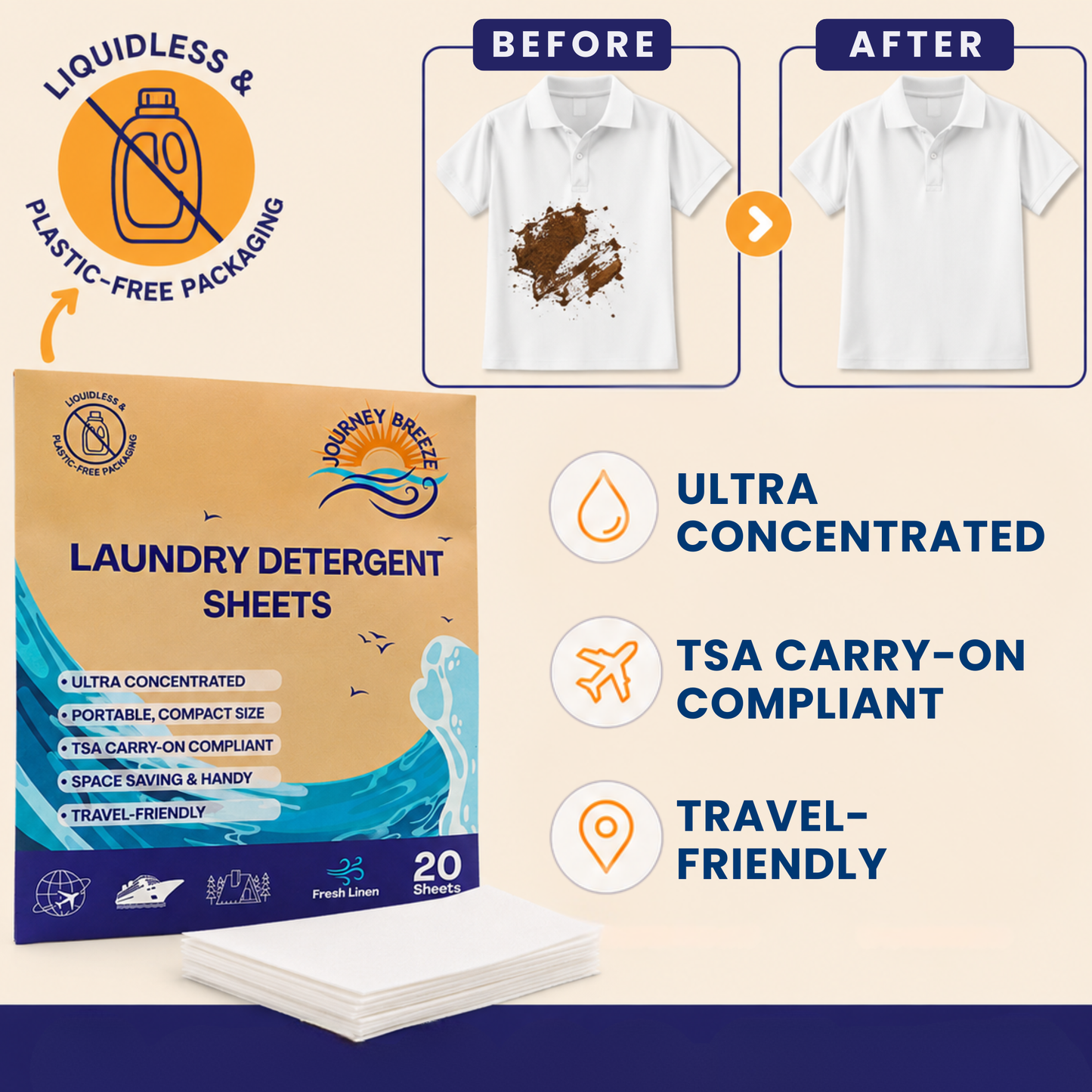 Travel Laundry Detergent Sheets 30 and 20 Pack – Hand & Machine Wash, TSA-Friendly & Compact | Journey Breeze