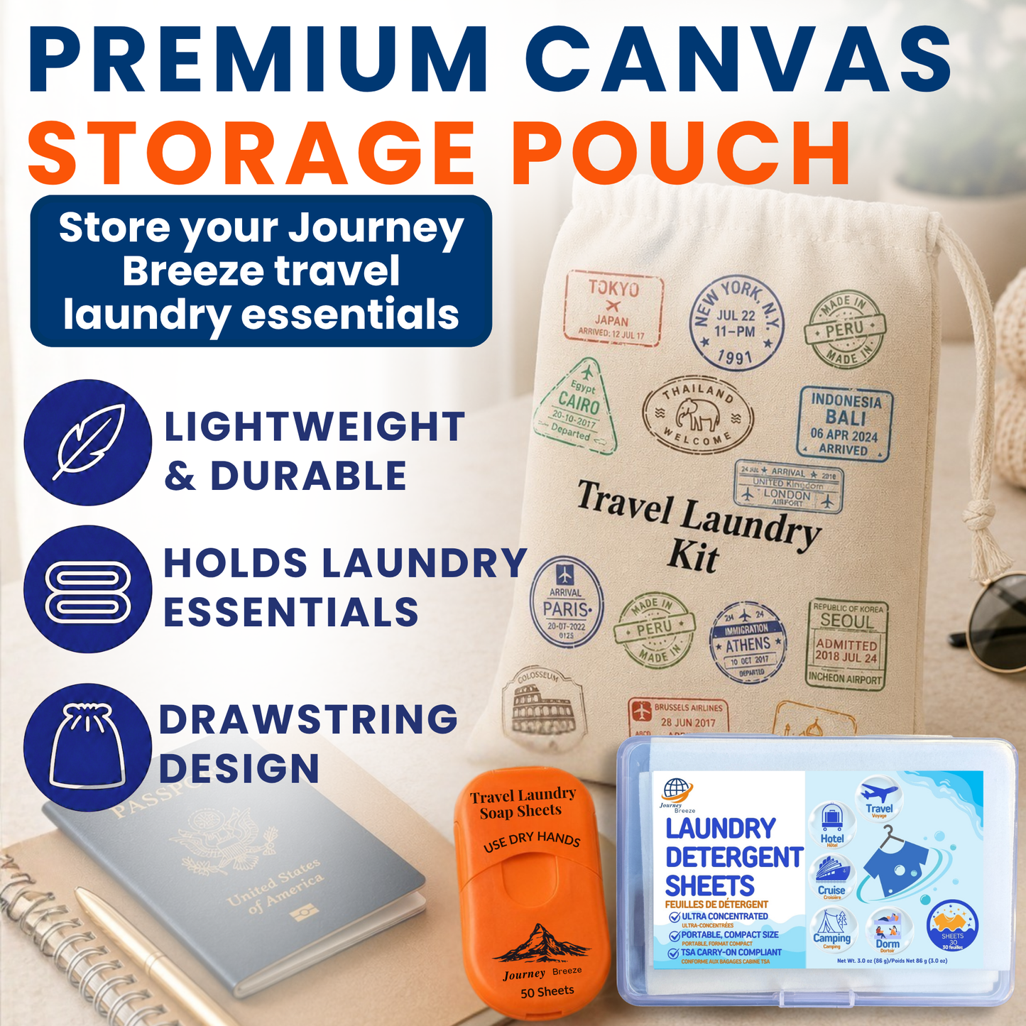 Journey Breeze premium canvas pouch for storing travel laundry essentials and accessories