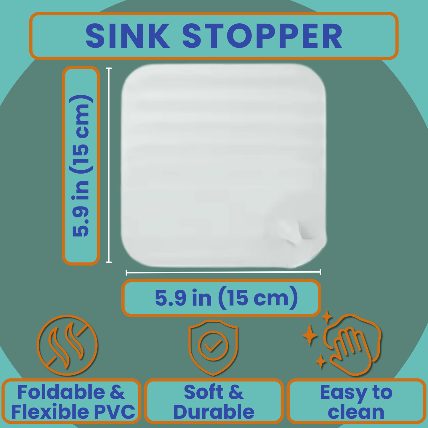 White sink stopper with dimensions and features on a green background