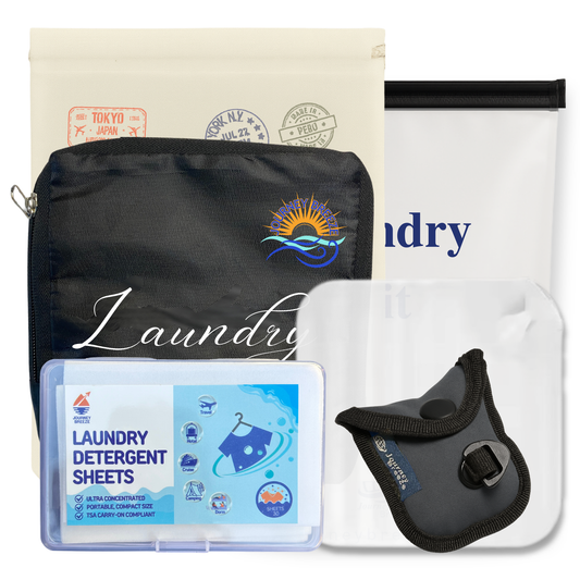 Travel Laundry Kit – 6-Piece Bundle with Laundry Detergent Sheets (Fresh Linen Scent), Lightweight Clothesline, Sink Stopper, Foldable Laundry Bag, Canvas Carry Bag & Breathable Frosted Zip Pouch