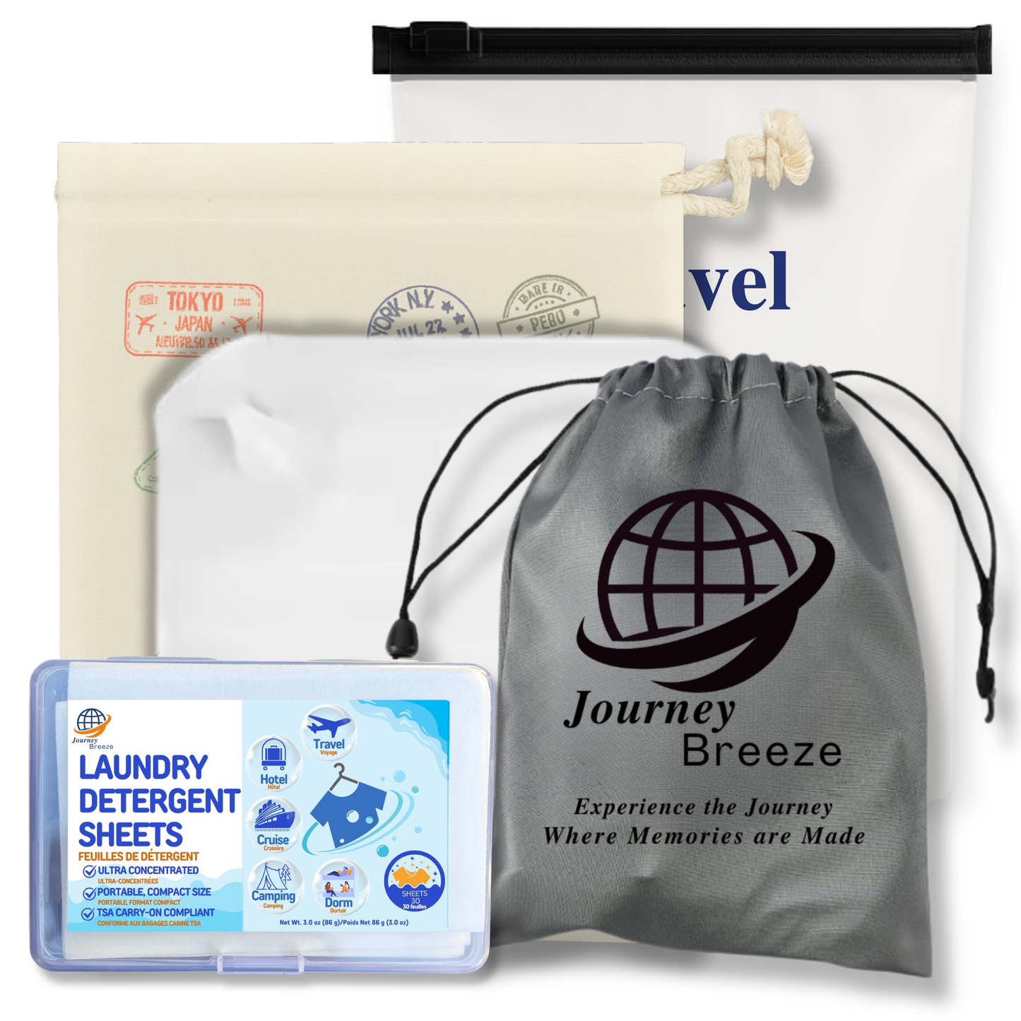 Travel Laundry Kit – Hand and Machine Wash Laundry Detergent Sheets, Clothesline with Clips, Sink Stopper & Storage Bags | Journey Breeze