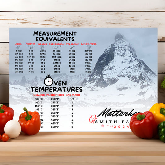 Personalized Tempered Glass Cutting Board,  2 Sizes, Matterhorn Zermatt Switzerland w/Measurement Conversion, Housewarming Travel Gift