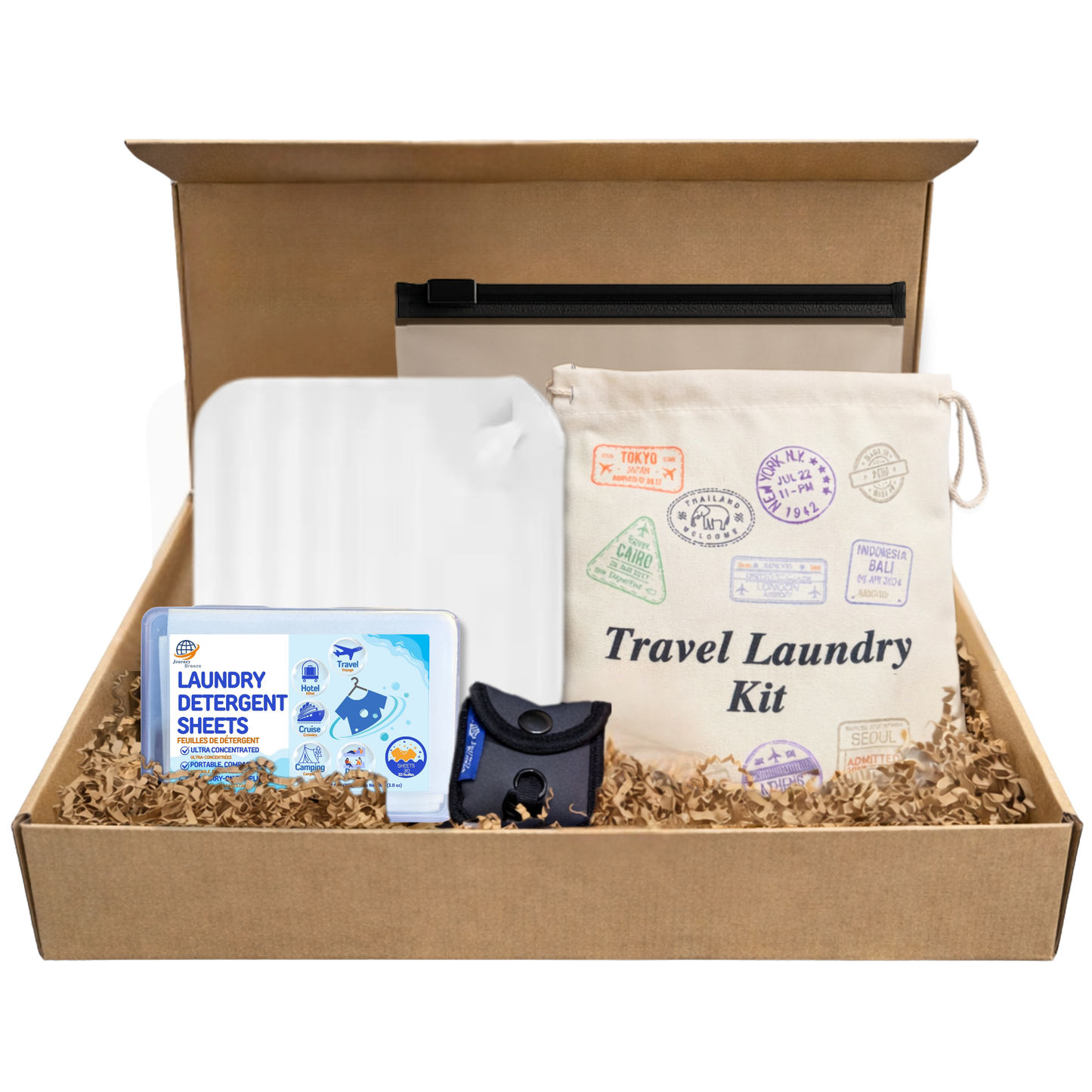 Travel Laundry Gift Set – Hand and Machine Wash Detergent Sheets, Sink Stopper, Clothesline & Storage | Journey Breeze