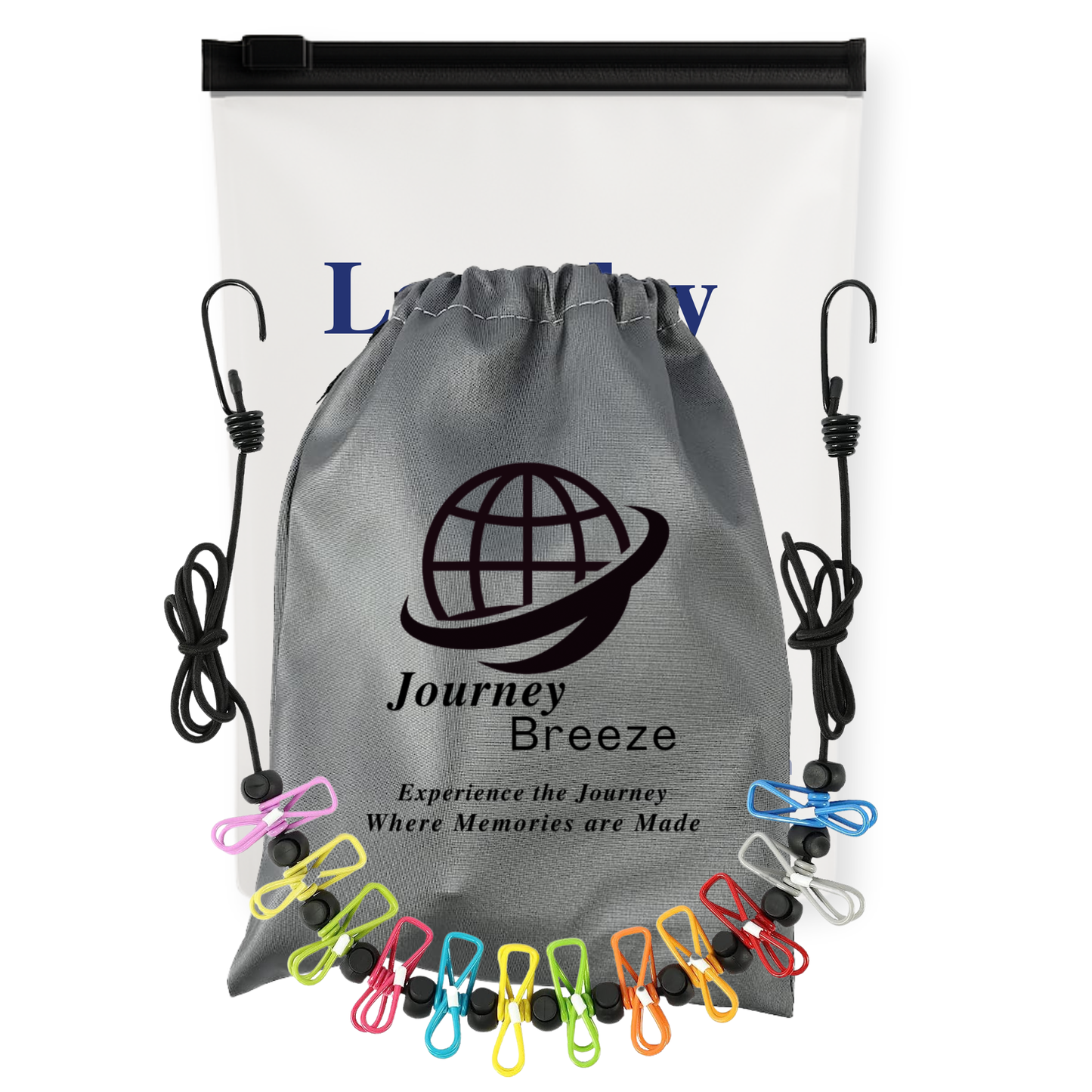 Journey Breeze portable travel clothesline with colorful clothespins, drawstring storage pouch, and reusable frosted laundry kit pouch for vacations and cruises.