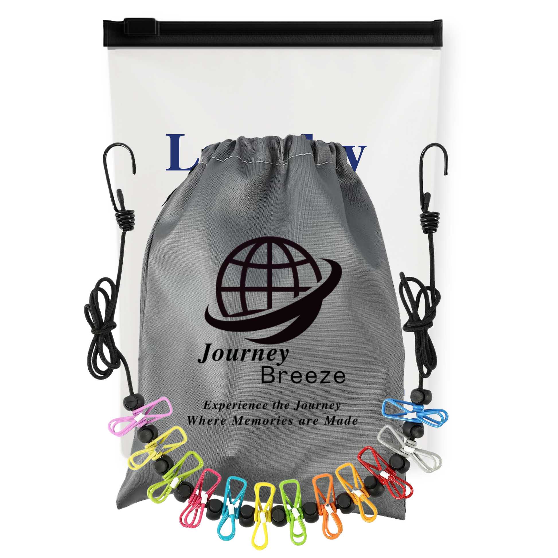 Journey Breeze portable travel clothesline with colorful clothespins, drawstring storage pouch, and reusable frosted laundry kit pouch for vacations and cruises.