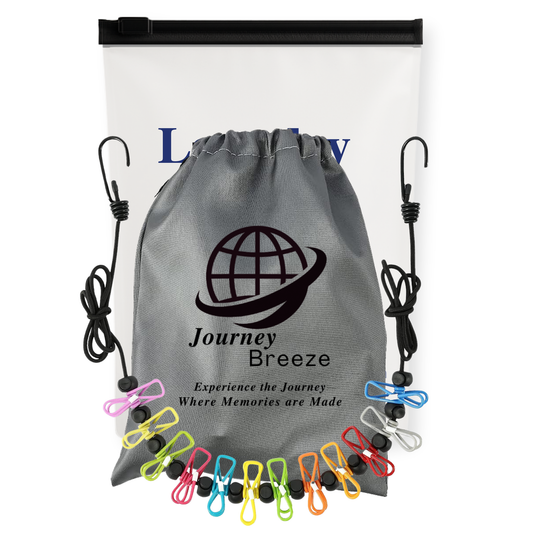 Journey Breeze portable travel clothesline with colorful clothespins, drawstring storage pouch, and reusable frosted laundry kit pouch for vacations and cruises.