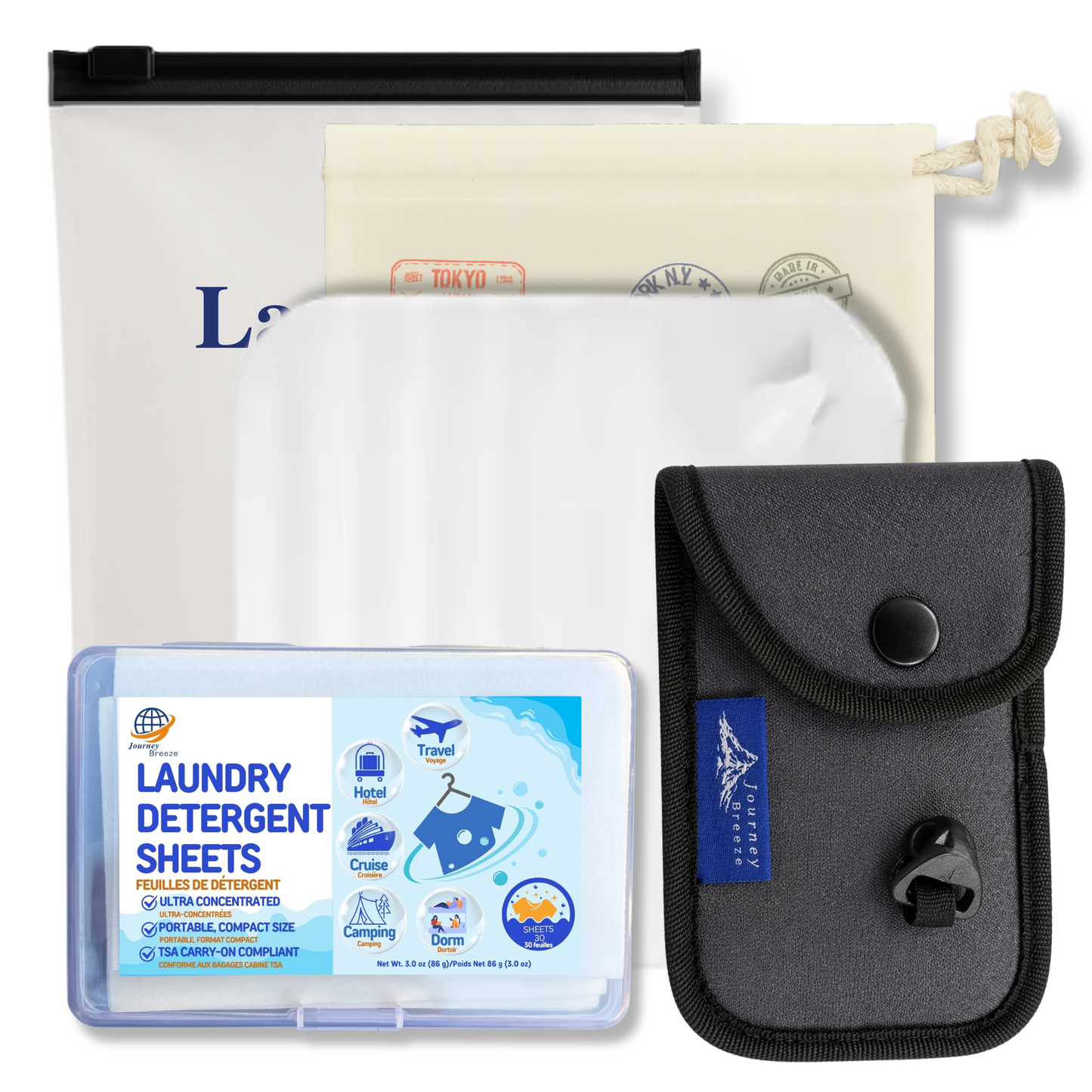 Journey Breeze travel laundry kit with detergent sheets, portable clothesline, silicone sink stopper, canvas storage pouch, and reusable frosted storage bag.