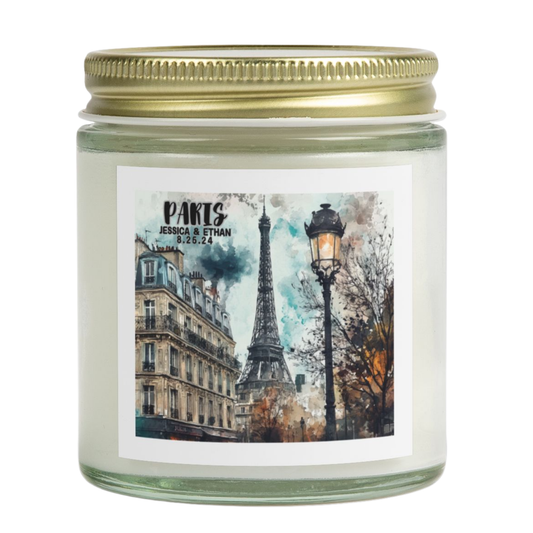 Paris Travel Candle Personalized, Coconut Apricot Wax Candle, Memories of Travel Collection, Traveler Gift Family Vacation Keepsake