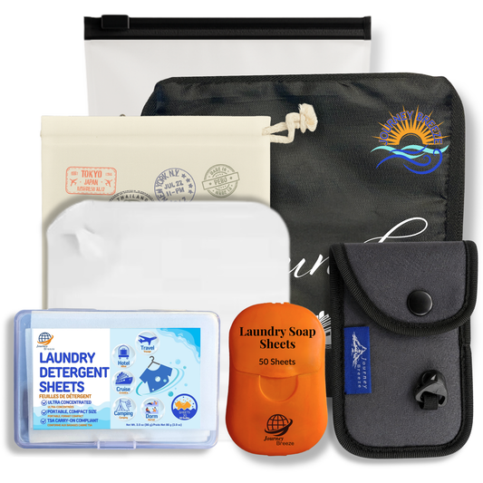 Travel Laundry Kit – Hand & Machine Wash Detergent Sheets, Clothesline, Sink Stopper, Foldable Bag & Storage | Journey Breeze