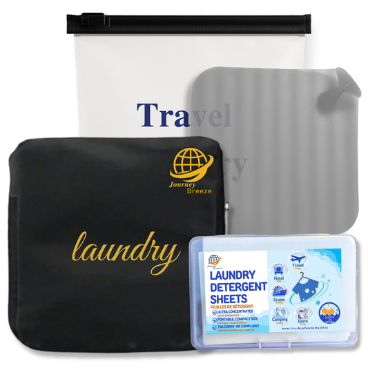 Travel Laundry Detergent Sheets Set – Hand & Machine Wash, Foldable Laundry Bag, Sink Stopper & Zip Pouch | Journey Breeze