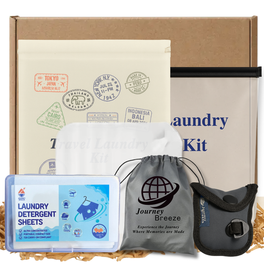 Travel Laundry Gift Set – 6-Piece Bundle with Laundry Detergent Sheets (Fresh Linen Scent), Lightweight and Heavy Clothesline, Sink Stopper, Canvas Bag & Frosted Zip Pouch