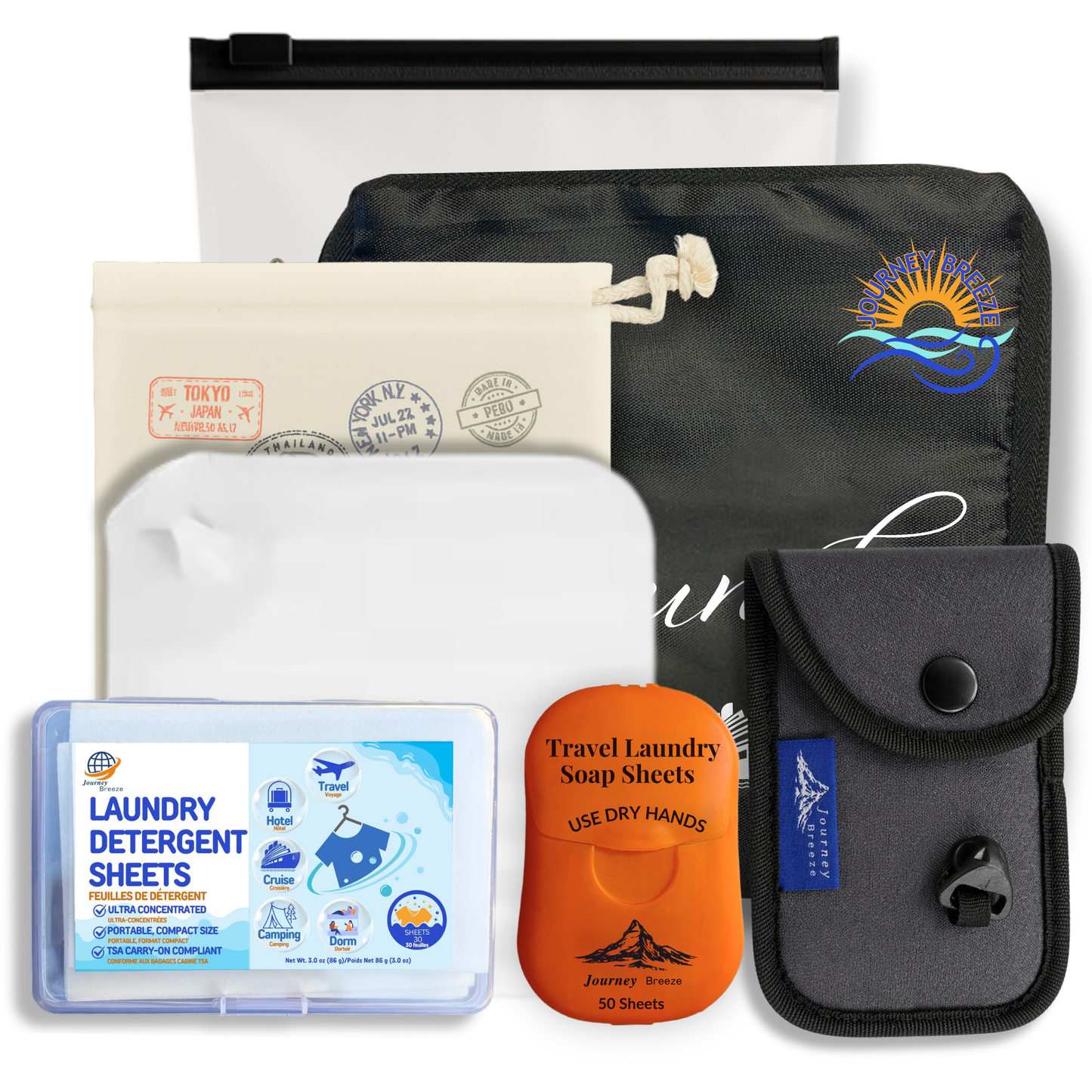 Travel Laundry Kit – Hand & Machine Wash Detergent Sheets, Clothesline, Sink Stopper, Foldable Bag & Storage | Journey Breeze