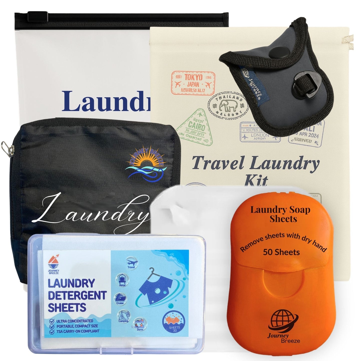 Journey Breeze Travel Laundry Detergent Kit - Includes 2 Sizes of Detergent Sheets, Sink Stopper, Clothesline, Laundry Bag, Canvas Storage Bag and Zipper Pouch - TSA Compliant, Mess-Free