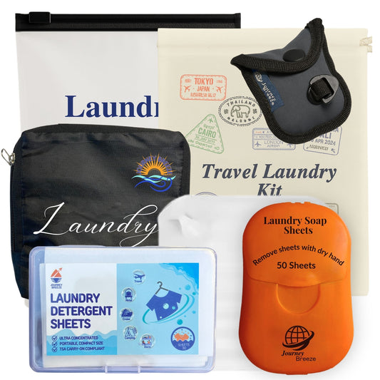 Journey Breeze Travel Laundry Detergent Kit - Includes 2 Sizes of Detergent Sheets, Sink Stopper, Clothesline, Laundry Bag, Canvas Storage Bag and Zipper Pouch - TSA Compliant, Mess-Free