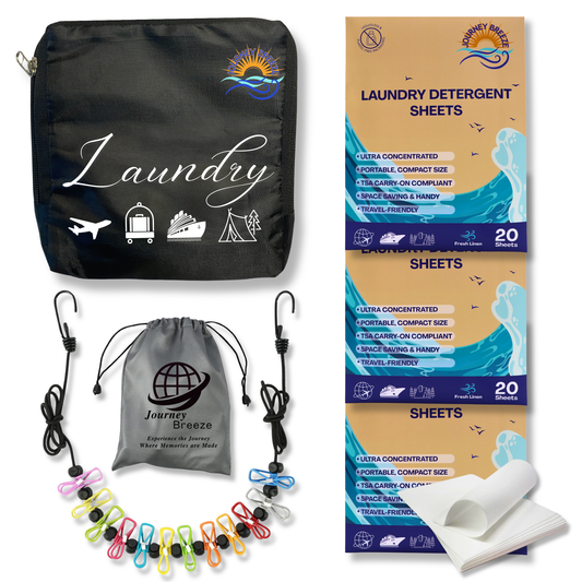 Travel Laundry Detergent Sheets Kit – Hand & Machine Wash, Foldable Laundry Bag, Travel Clothesline & Frosted Zip Pouch | Journey Breeze
