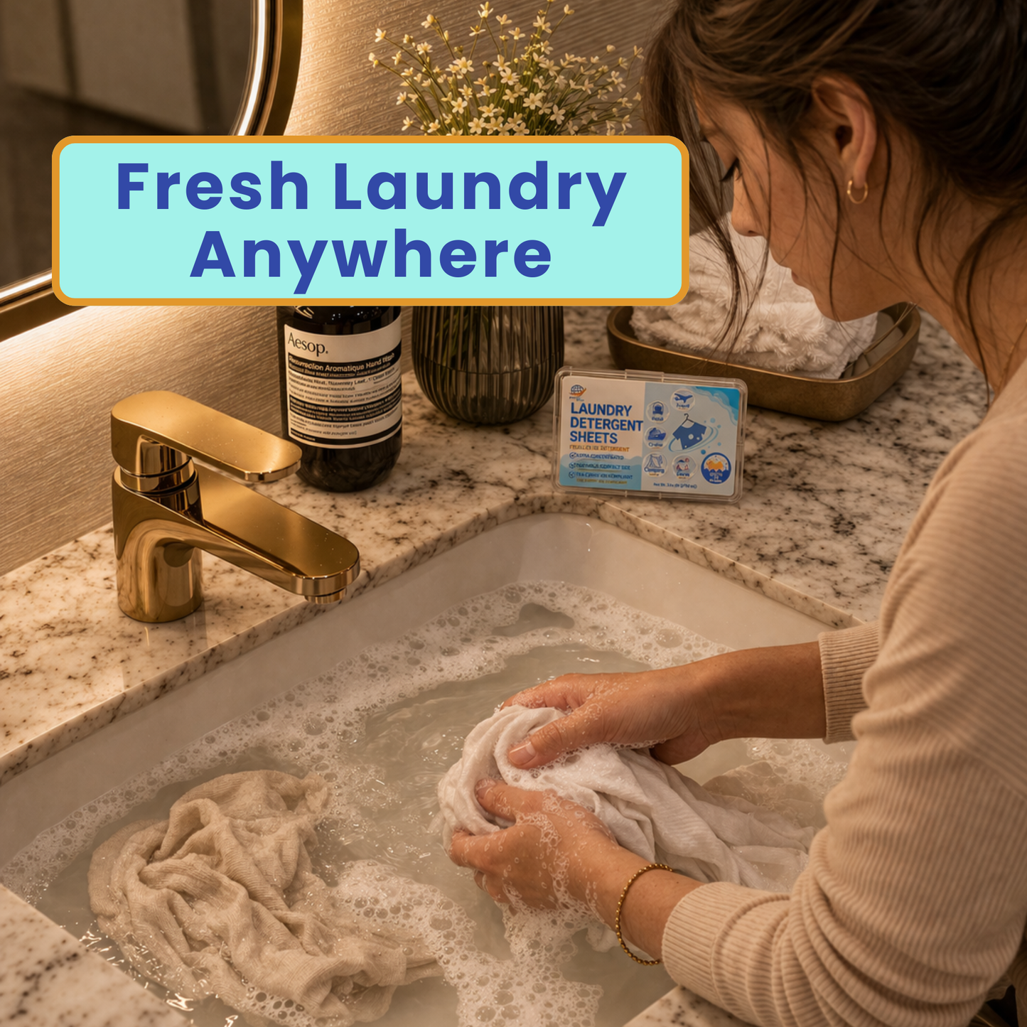 Travel Laundry Kit – Hand and Machine Wash Laundry Detergent Sheets, Clothesline with Clips, Sink Stopper & Storage Bags | Journey Breeze