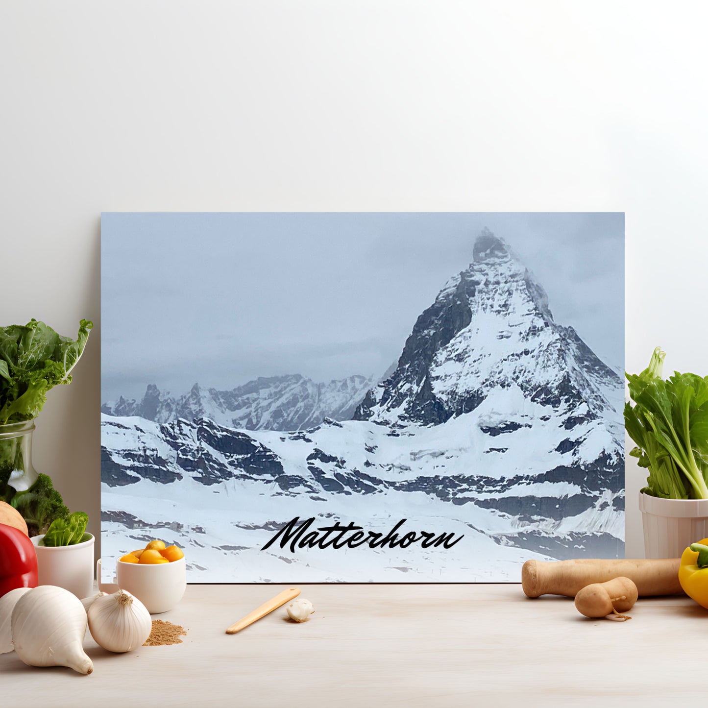 Personalized Tempered Glass Cutting Board,  2 Sizes, Matterhorn Zermatt Switzerland w/Measurement Conversion, Housewarming Travel Gift