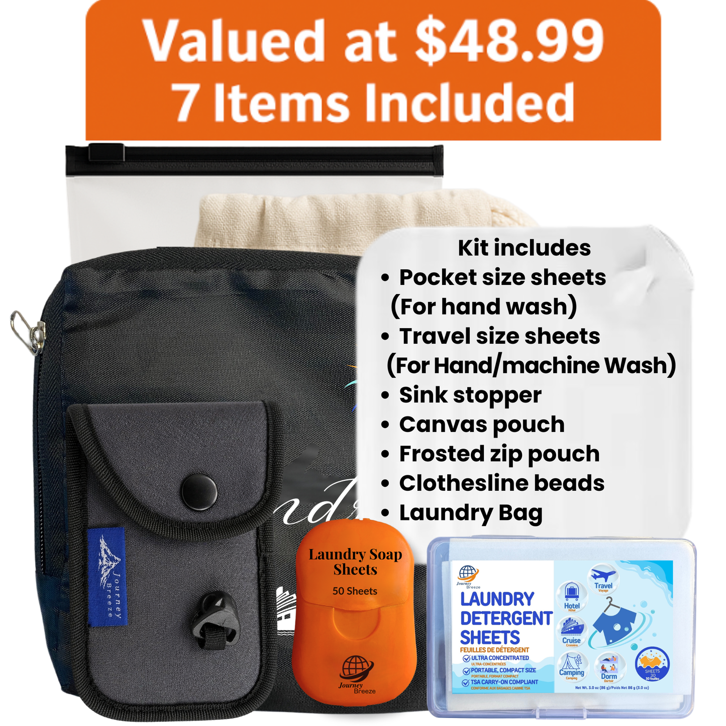 Travel Laundry Kit – Hand & Machine Wash Detergent Sheets, Clothesline, Sink Stopper, Foldable Bag & Storage | Journey Breeze