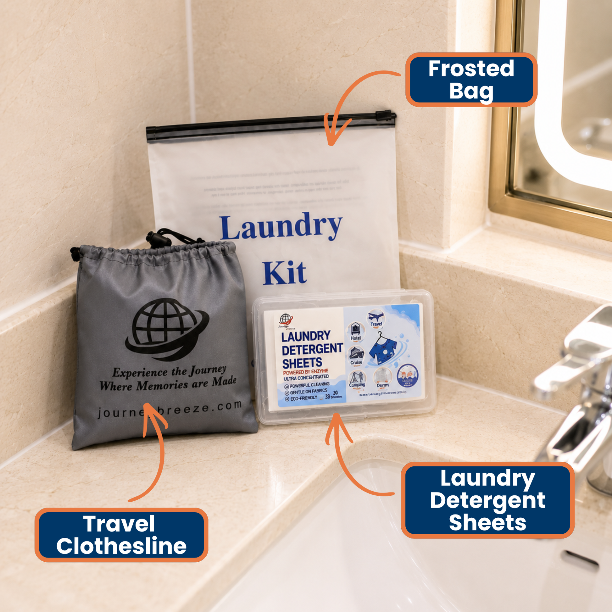 Complete travel laundry kit displayed in a hotel bathroom with detergent sheets, sink stopper and bags