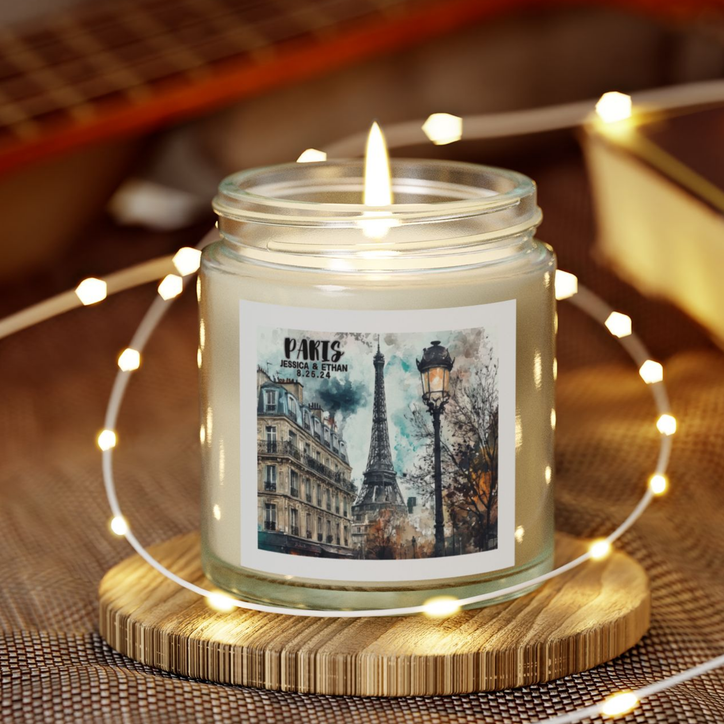 Paris Travel Candle Personalized, Coconut Apricot Wax Candle, Memories of Travel Collection, Traveler Gift Family Vacation Keepsake