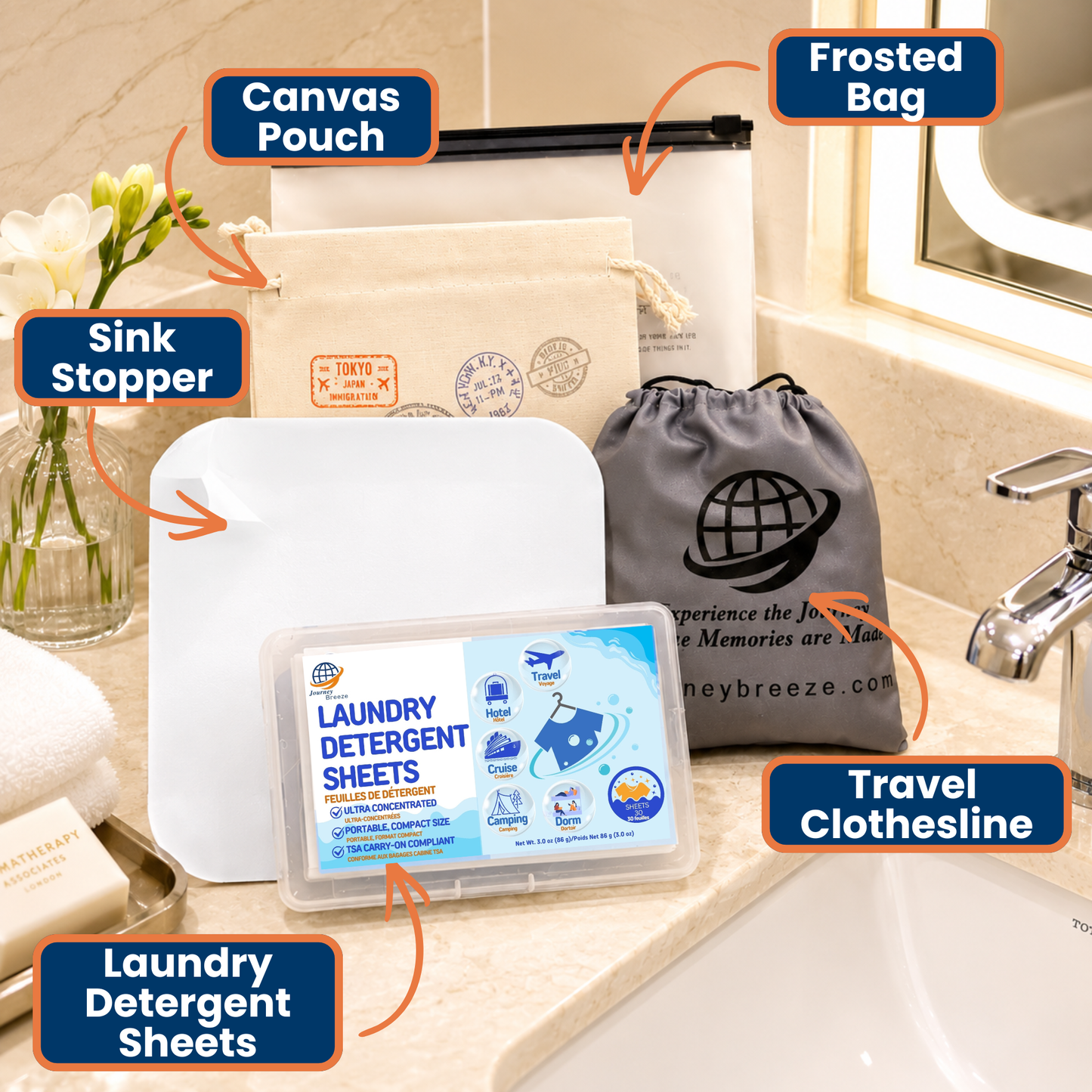 Travel Laundry Kit – Hand and Machine Wash Laundry Detergent Sheets, Clothesline with Clips, Sink Stopper & Storage Bags | Journey Breeze