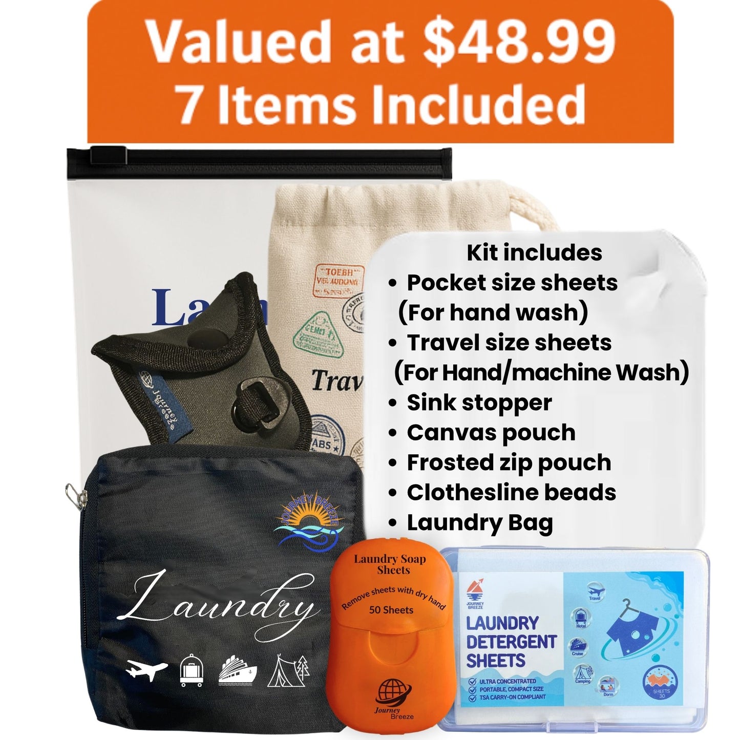 Journey Breeze Travel Laundry Detergent Kit - Includes 2 Sizes of Detergent Sheets, Sink Stopper, Clothesline, Laundry Bag, Canvas Storage Bag and Zipper Pouch - TSA Compliant, Mess-Free