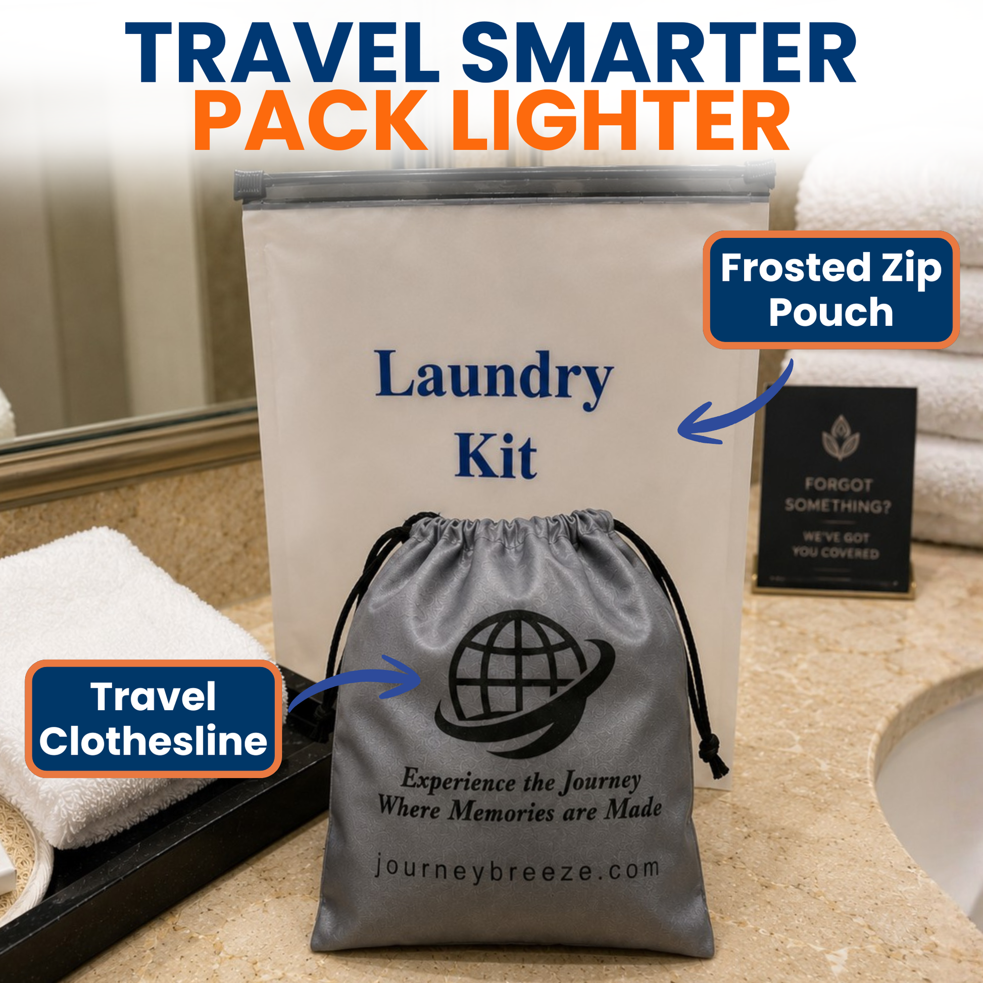 Compact Journey Breeze travel laundry accessories displayed on a hotel bathroom vanity, including a reusable frosted zip pouch and portable clothesline pouch.