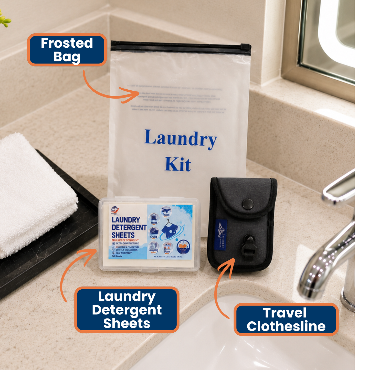 Journey Breeze travel laundry kit displayed on a hotel bathroom counter featuring a frosted storage bag, travel laundry detergent sheets, and portable clothesline.