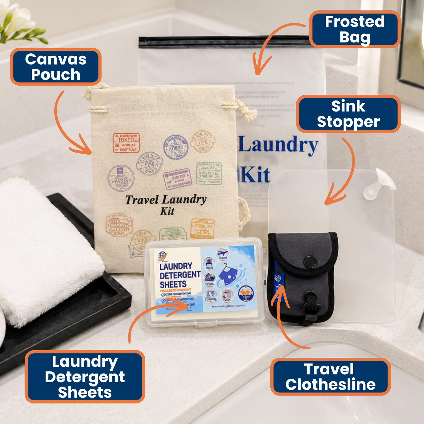 Travel Laundry Detergent Sheets Kit – Hand & Machine Wash, Travel Clothesline and Sink Stopper Included | Journey Breeze