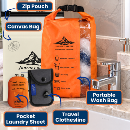 Portable Travel Laundry Kit – Wash Bag, 50 Laundry Detergent Sheets & Travel Clothesline