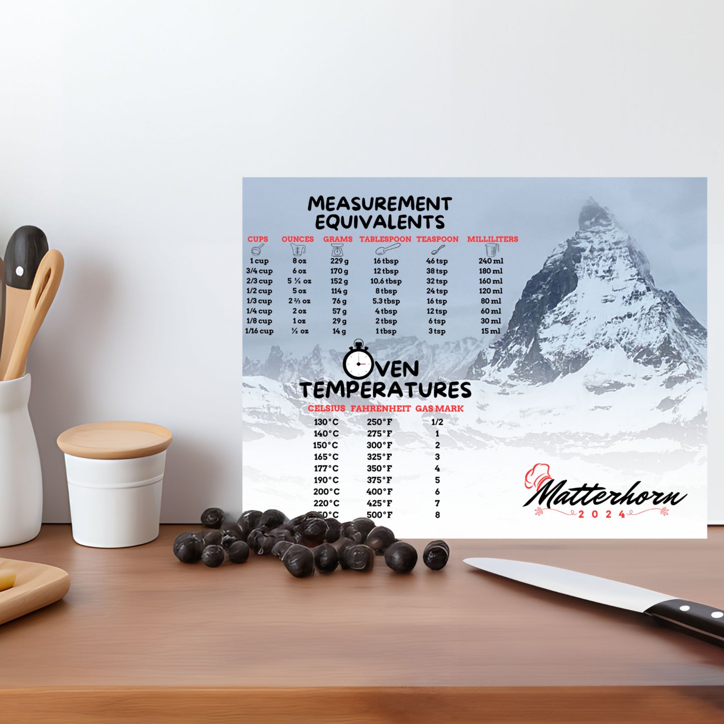 Personalized Tempered Glass Cutting Board,  2 Sizes, Matterhorn Zermatt Switzerland w/Measurement Conversion, Housewarming Travel Gift