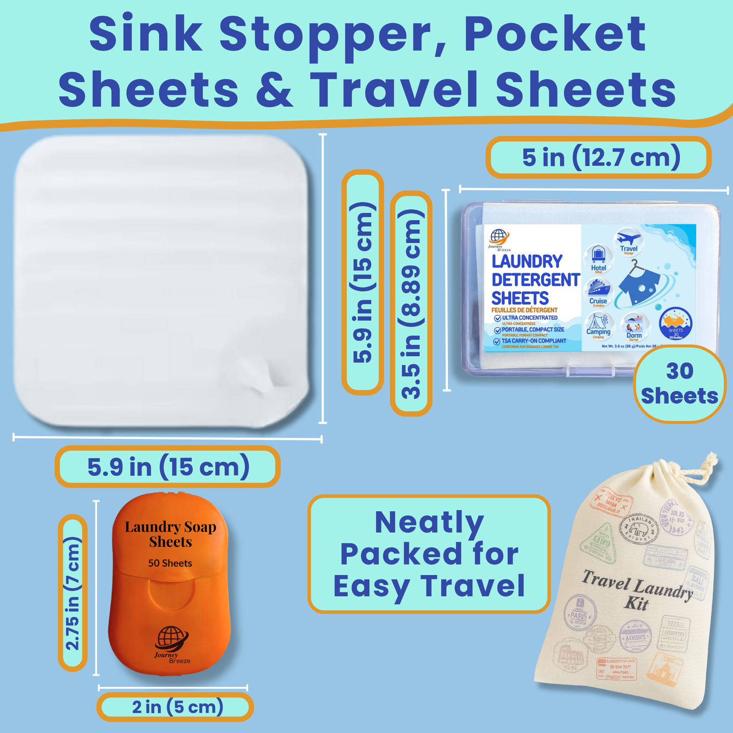 Travel Laundry Kit – Hand & Machine Wash Detergent Sheets, Clothesline, Sink Stopper, Foldable Bag & Storage | Journey Breeze