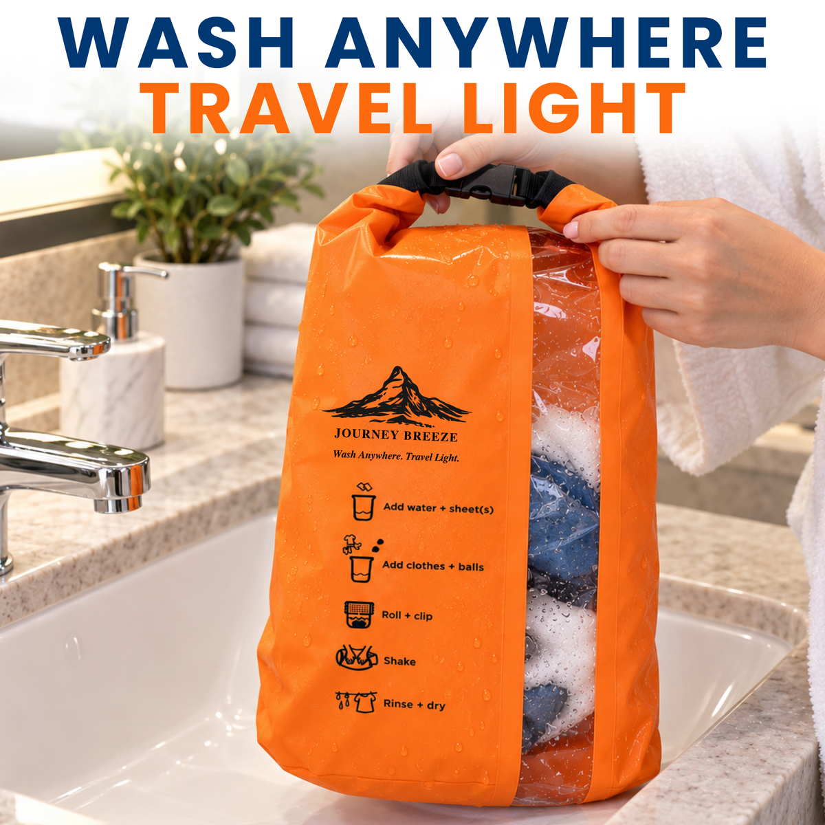 Portable Travel Laundry Kit – Wash Bag, 50 Laundry Detergent Sheets & Travel Clothesline