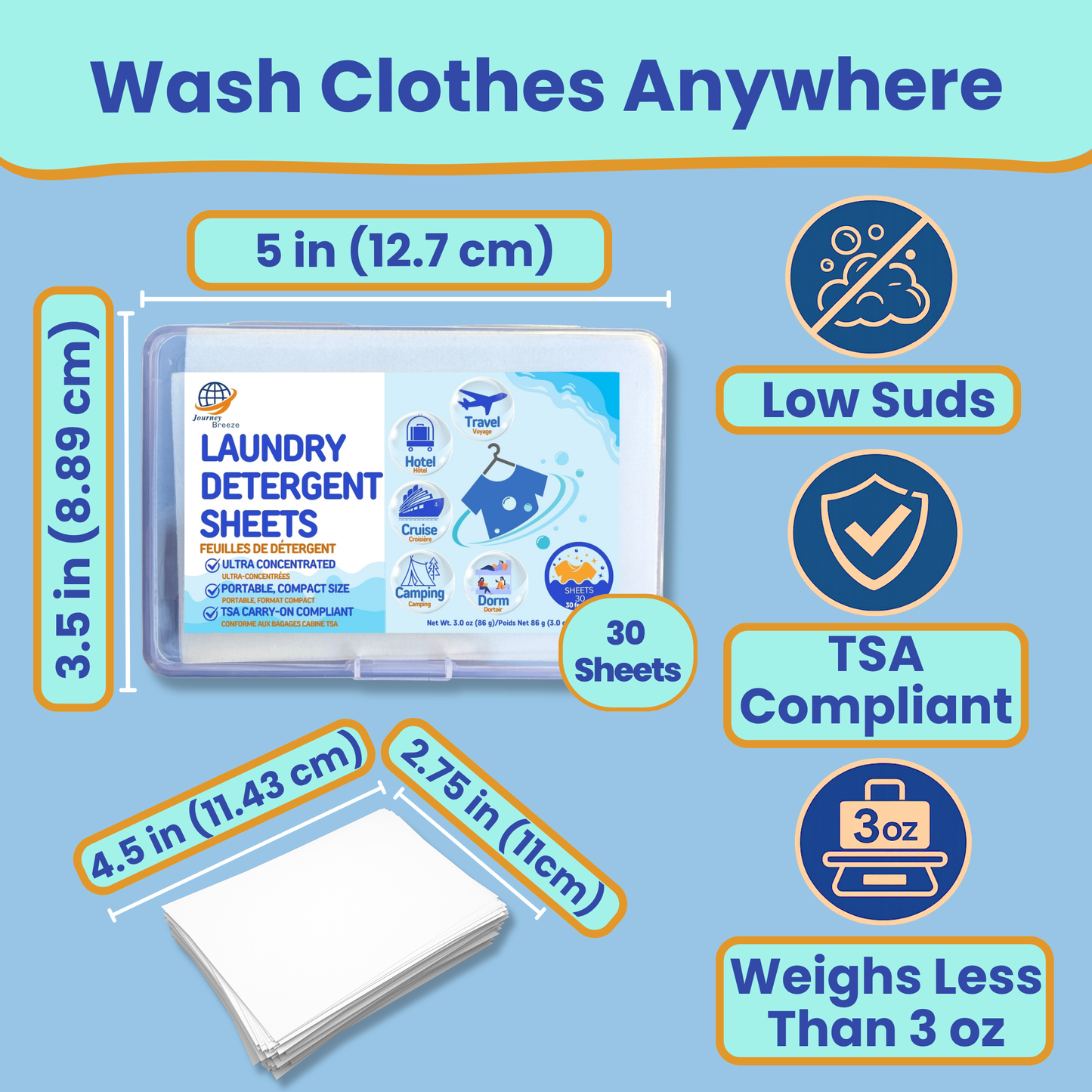 Travel Laundry Kit – Hand and Machine Wash Laundry Detergent Sheets, Clothesline with Clips, Sink Stopper & Storage Bags | Journey Breeze