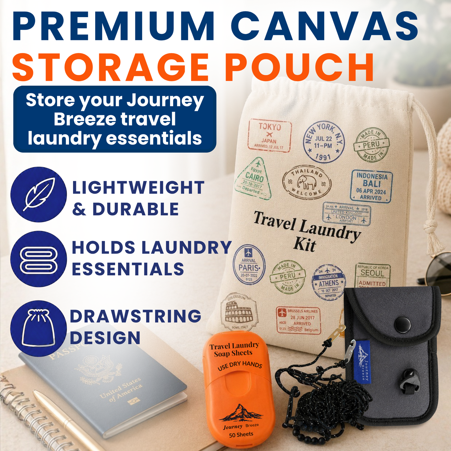 Travel Laundry Detergent Sheets – Hand Wash Only Laundry Kit, Clothesline and Foldable Bag | Journey Breeze
