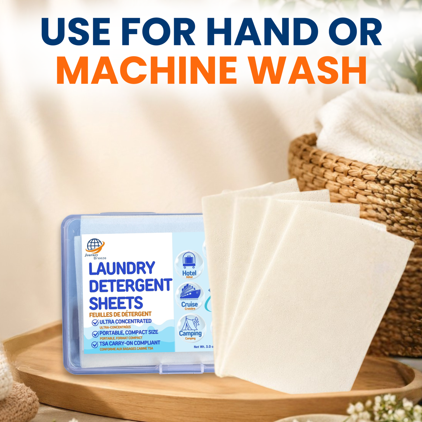 Travel Laundry Kit – Hand and Machine Wash Laundry Detergent Sheets, Clothesline with Clips, Sink Stopper & Storage Bags | Journey Breeze