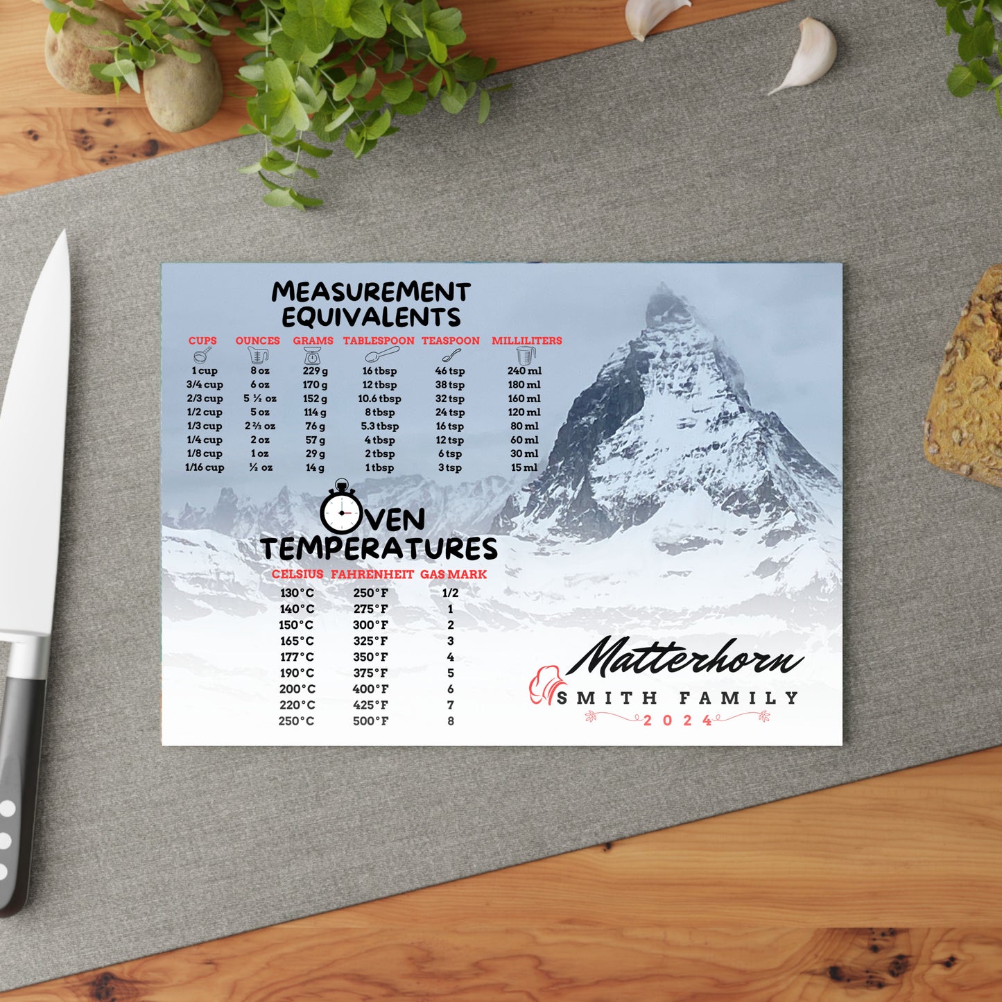 Personalized Tempered Glass Cutting Board,  2 Sizes, Matterhorn Zermatt Switzerland w/Measurement Conversion, Housewarming Travel Gift