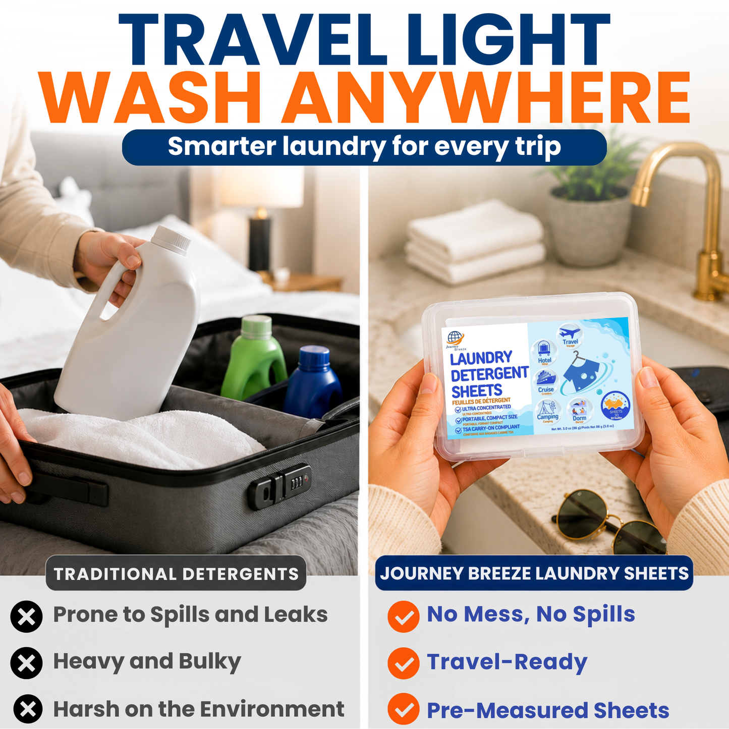 Travel laundry detergent sheets for convenient washing on trips