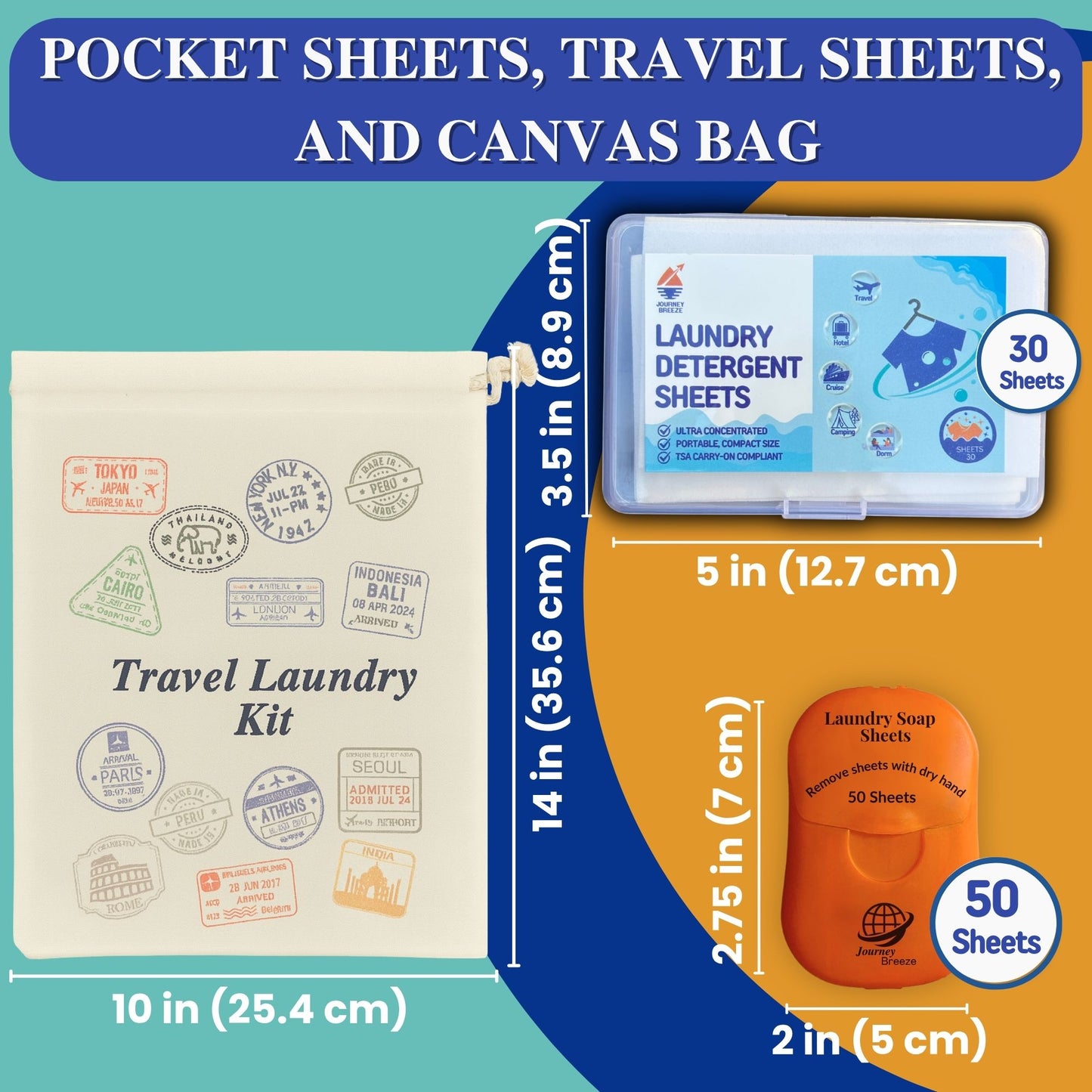 Journey Breeze Travel Laundry Detergent Kit - Includes 2 Sizes of Detergent Sheets, Sink Stopper, Clothesline, Laundry Bag, Canvas Storage Bag and Zipper Pouch - TSA Compliant, Mess-Free