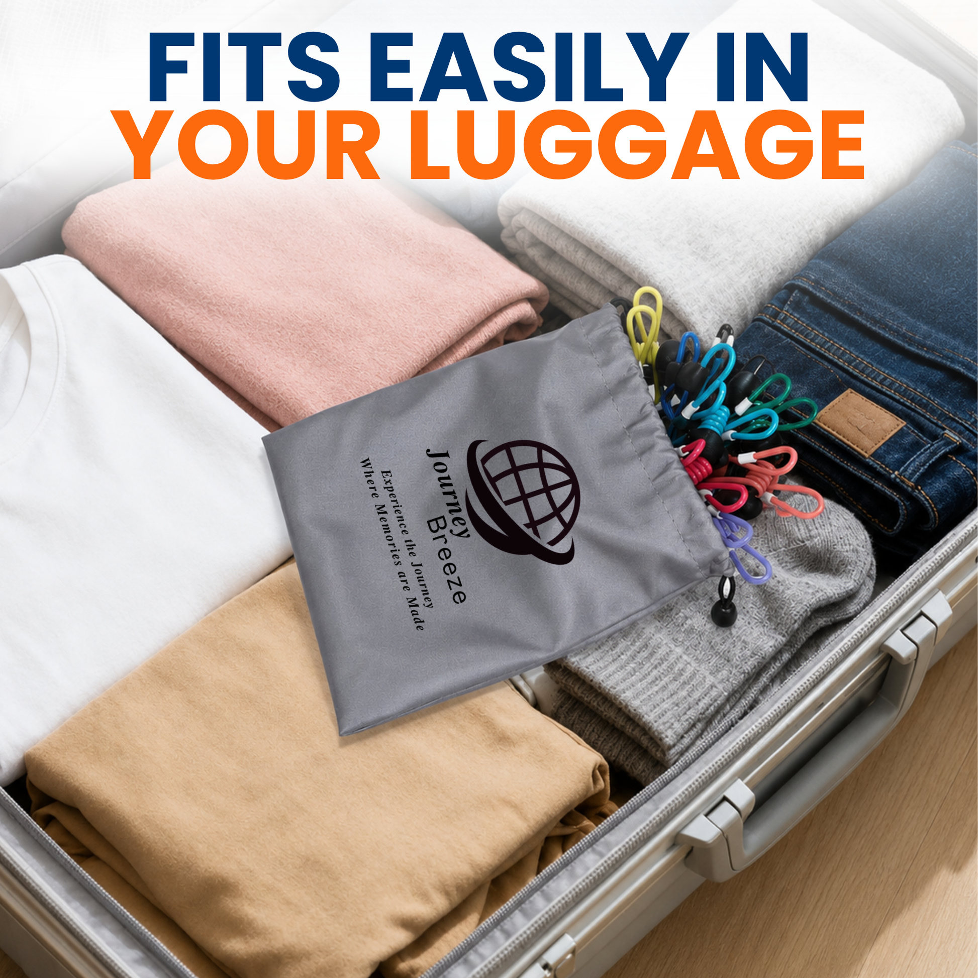 Lightweight Journey Breeze clothesline packed neatly inside a suitcase alongside folded clothing for organized travel packing.