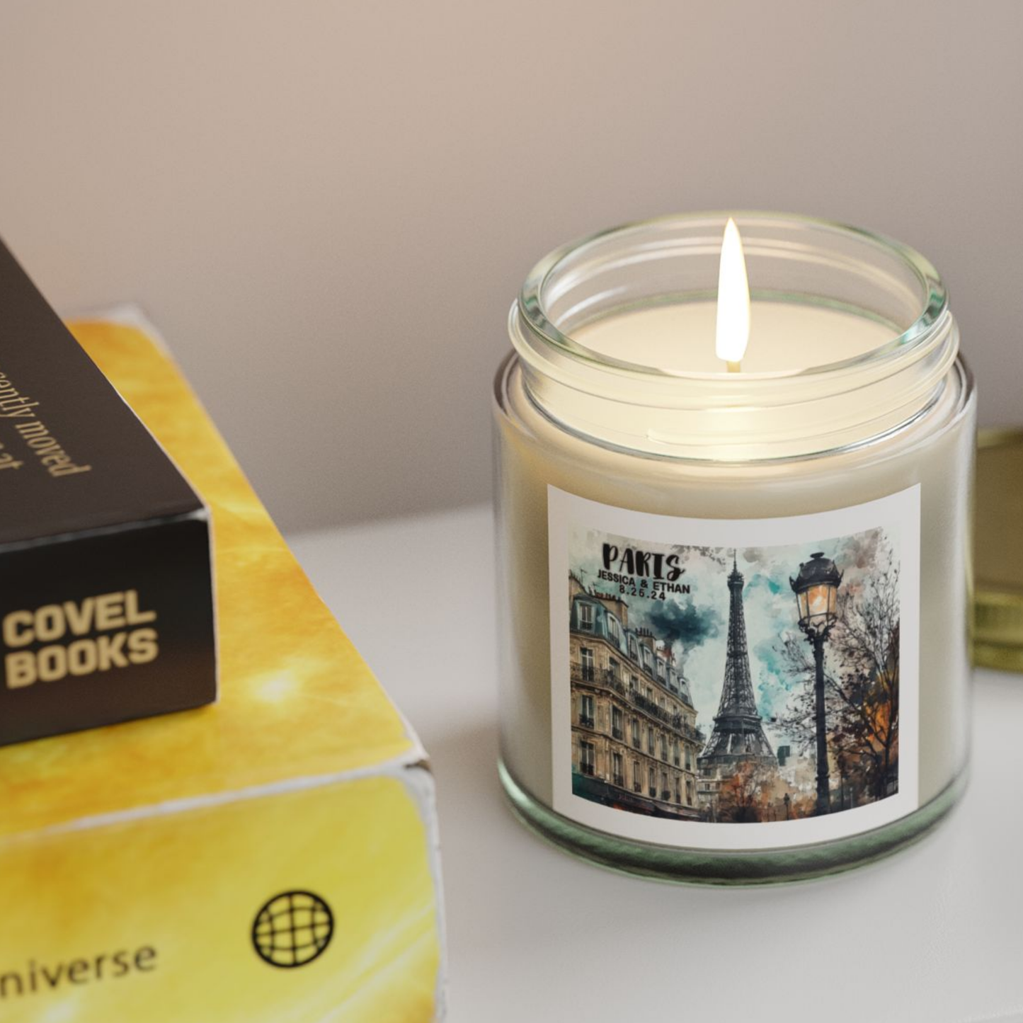 Paris Travel Candle Personalized, Coconut Apricot Wax Candle, Memories of Travel Collection, Traveler Gift Family Vacation Keepsake