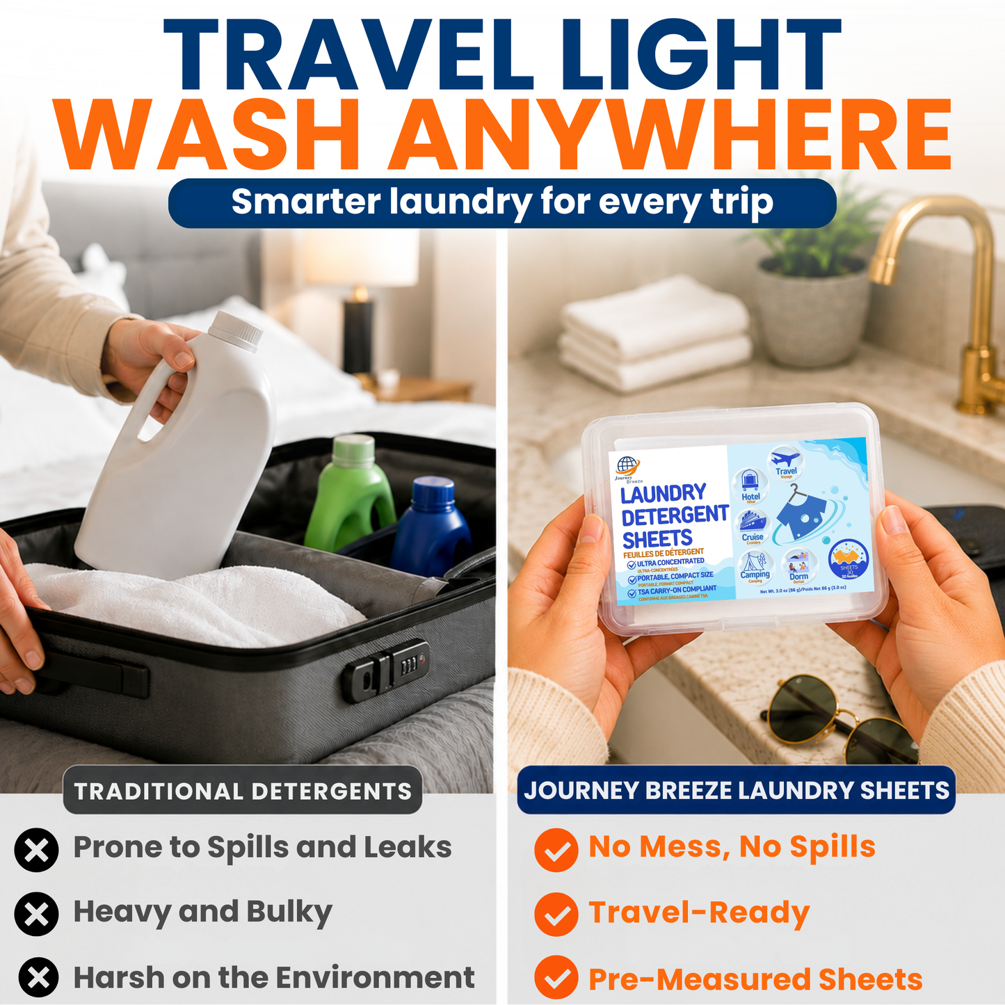 Travel Laundry Detergent Sheets 30 and 20 Pack – Hand & Machine Wash, TSA-Friendly & Compact | Journey Breeze