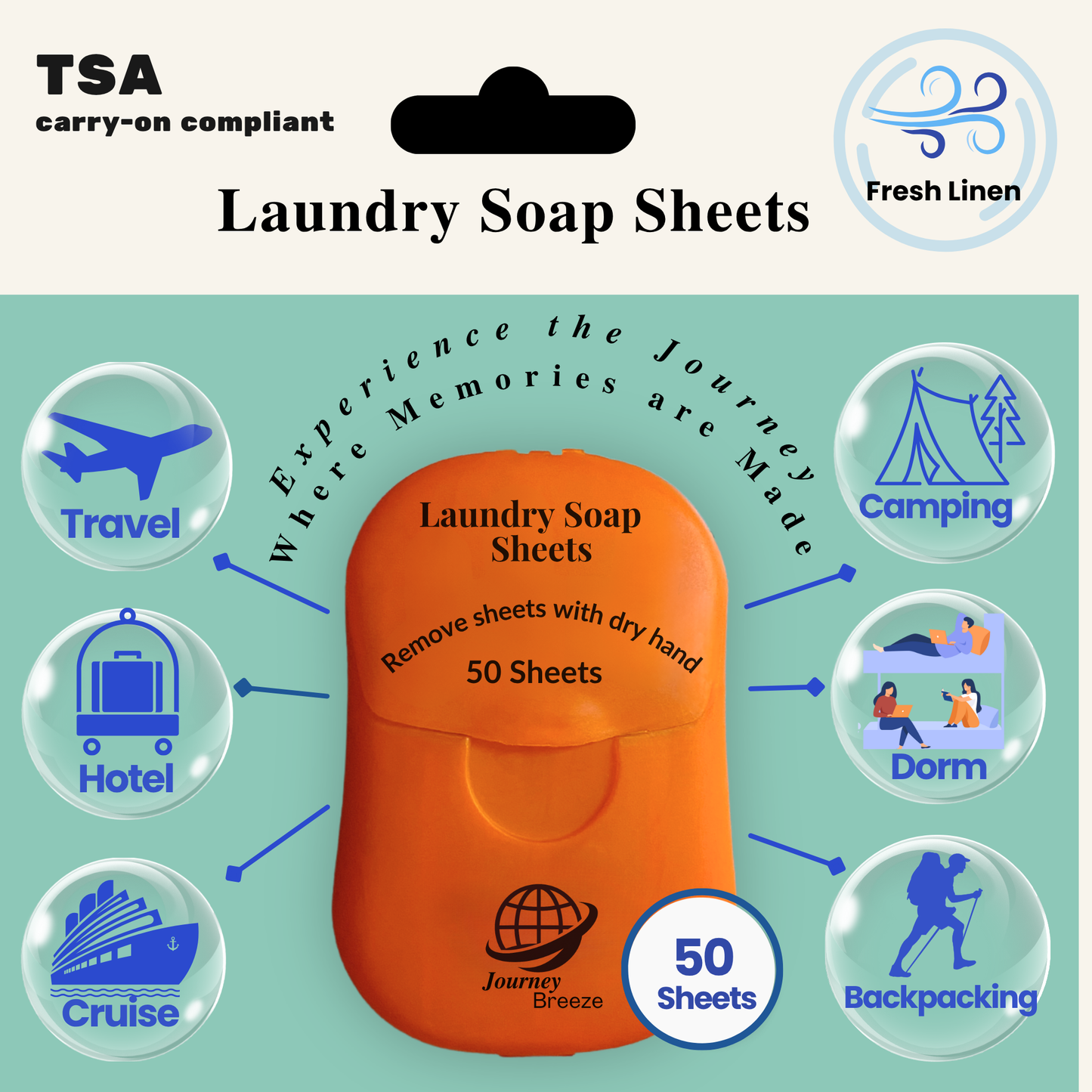 Travel Laundry Detergent Sheets - Works for Hand Washing in Sinks, Lightweight and Compact for Cruises, Camping, Backpacking, 50 Count Fresh Linen Scent, Includes Canvas Storage bag