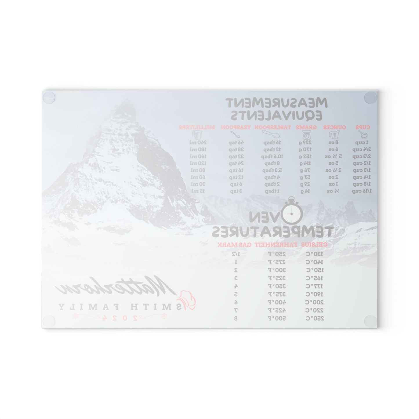 Personalized Tempered Glass Cutting Board,  2 Sizes, Matterhorn Zermatt Switzerland w/Measurement Conversion, Housewarming Travel Gift
