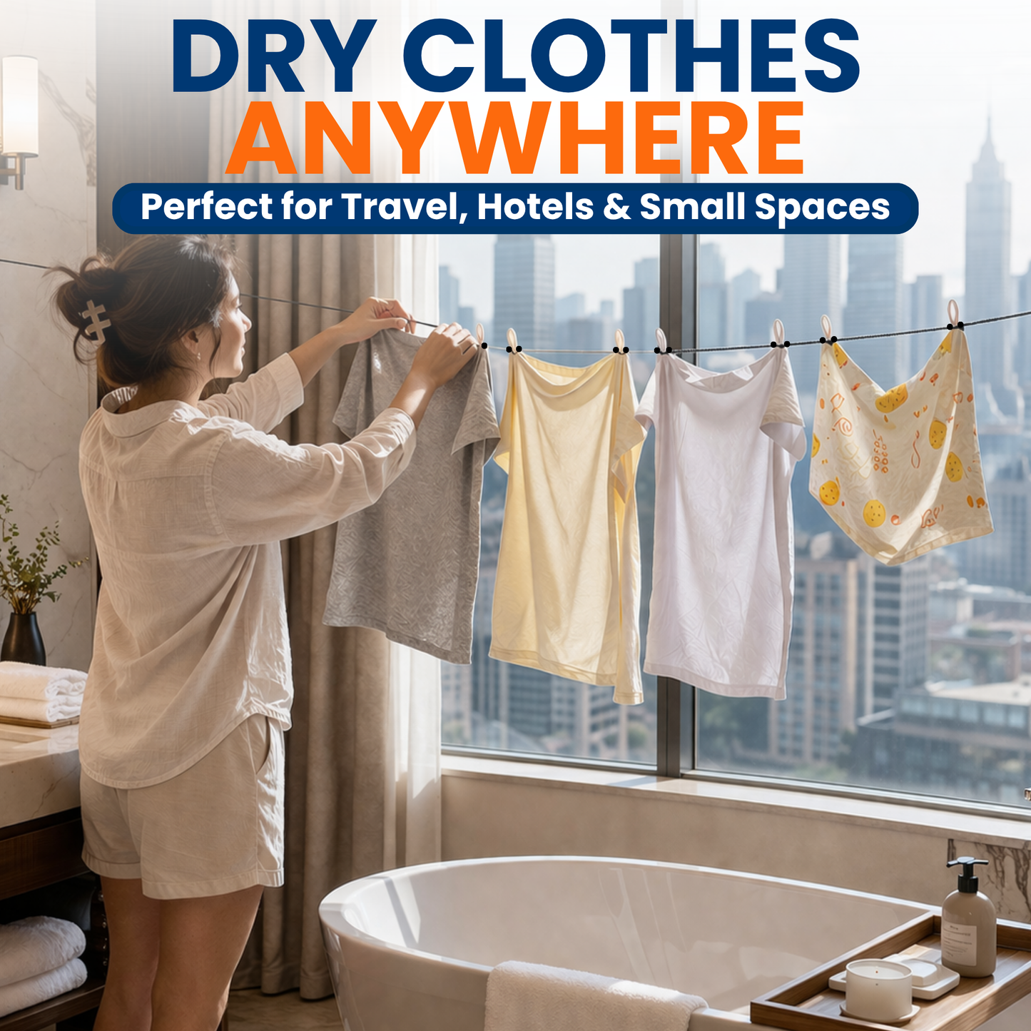 Traveler hanging freshly washed clothing on a portable clothesline inside a hotel room to air dry garments while away from home.