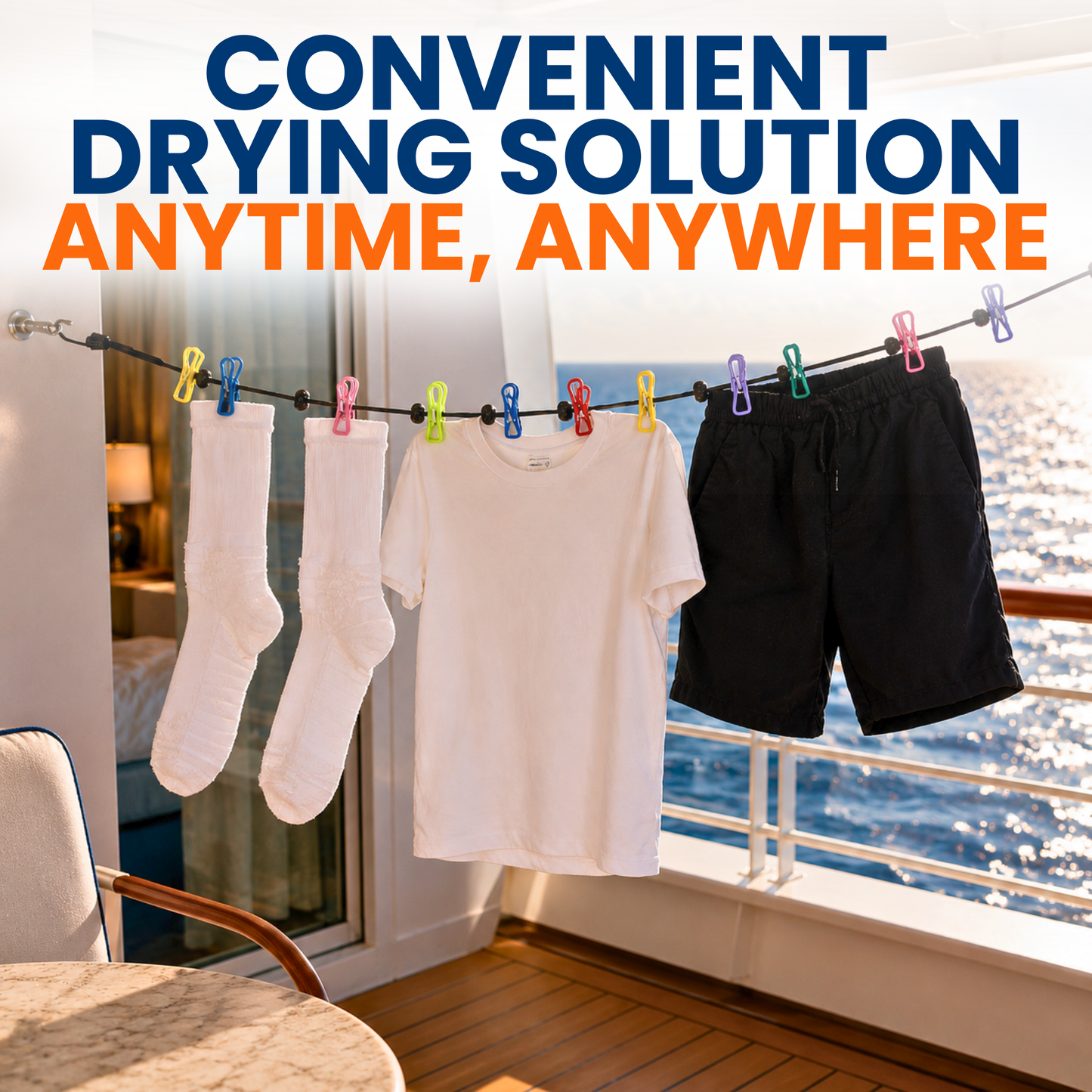Laundry drying on a Journey Breeze portable clothesline inside a cruise ship balcony cabin, ideal for drying travel clothing while at sea.