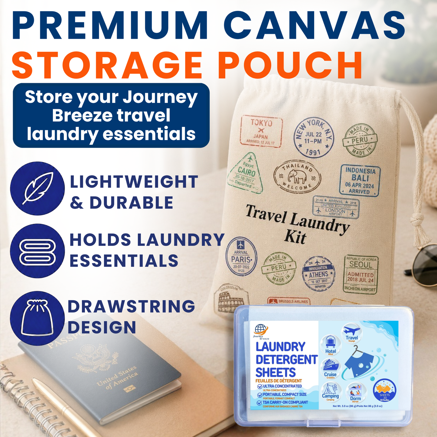 Travel Laundry Kit – Hand and Machine Wash Laundry Detergent Sheets, Clothesline with Clips, Sink Stopper & Storage Bags | Journey Breeze