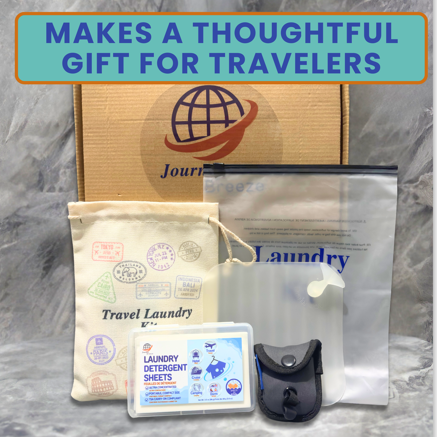 Travel Laundry Gift Set – Hand and Machine Wash Detergent Sheets, Sink Stopper, Clothesline & Storage | Journey Breeze