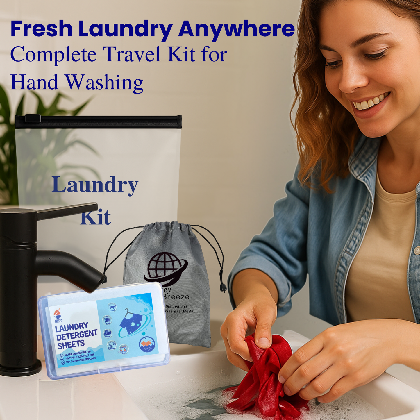 Travel Clothesline with Laundry Detergent Sheets – Portable Clothesline (No Clips Needed) + 30 Fresh Linen Scent Sheets in Frosted Zip Pouch – Compact Laundry Kit for Travel, Camping, Hostels
